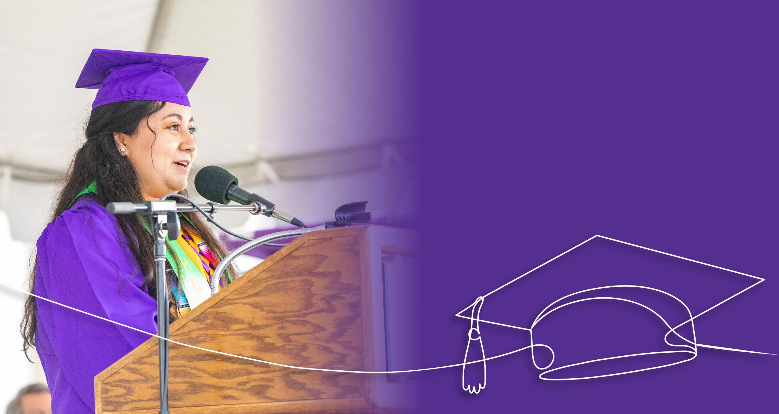 Graduation student speaker with a graduation cap on the bottom left