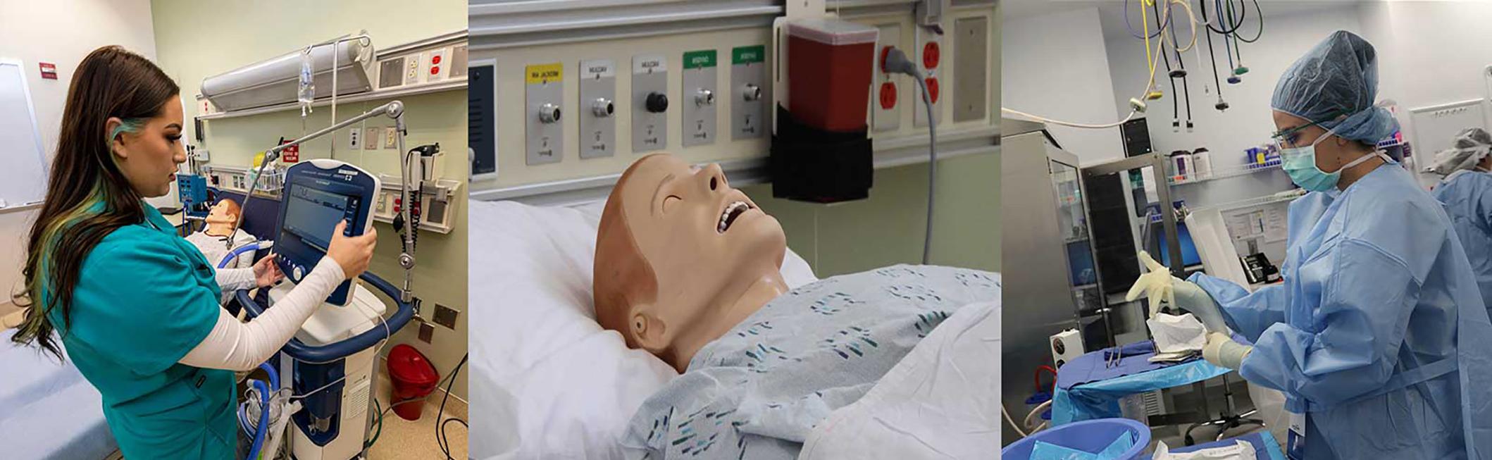 Students working in Simulation Lab and manikin lying in hospital bed.